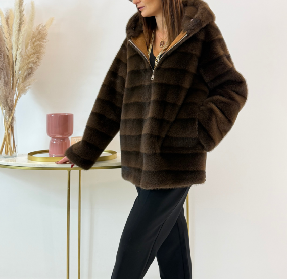 Reversible Mocha Suede & Dark Brown Faux Fur Coat (Hooded + Contrast Trim Detail)
