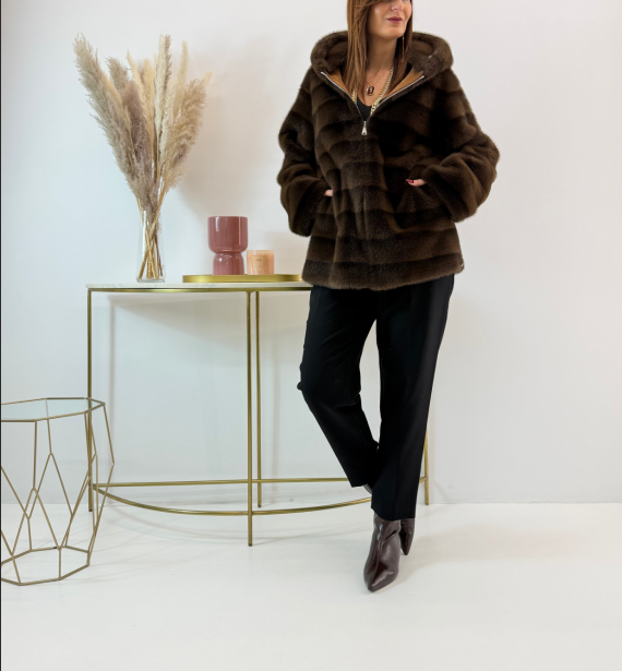 Reversible Mocha Suede & Dark Brown Faux Fur Coat (Hooded + Contrast Trim Detail)