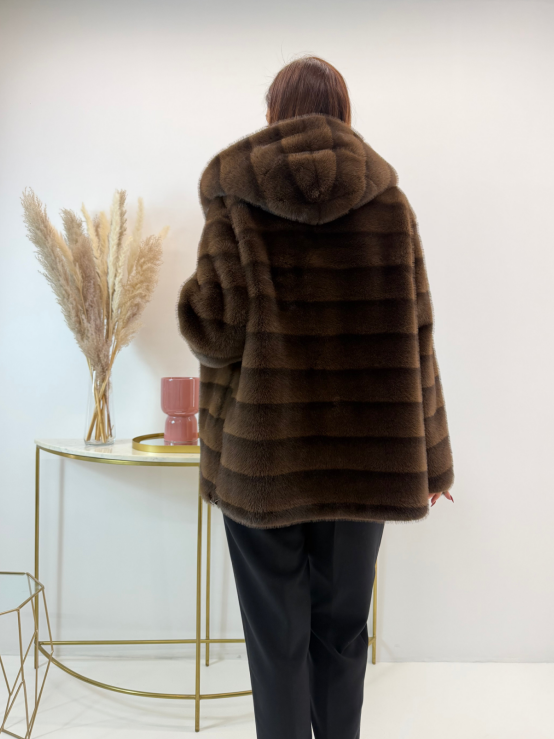 Reversible Mocha Suede & Dark Brown Faux Fur Coat (Hooded + Contrast Trim Detail)