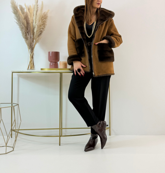 Reversible Mocha Suede & Dark Brown Faux Fur Coat (Hooded + Contrast Trim Detail)