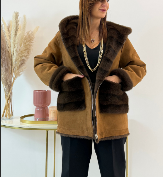 Reversible Mocha Suede & Dark Brown Faux Fur Coat (Hooded + Contrast Trim Detail)