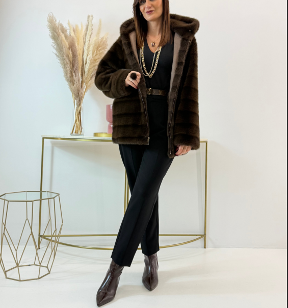 Reversible Mocha Suede & Dark Brown Faux Fur Coat (Hooded + Contrast Trim Detail)
