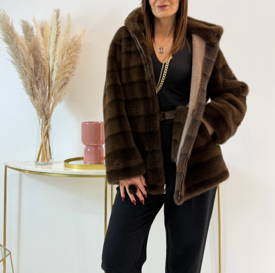 Reversible Mocha Suede & Dark Brown Faux Fur Coat (Hooded + Contrast Trim Detail)