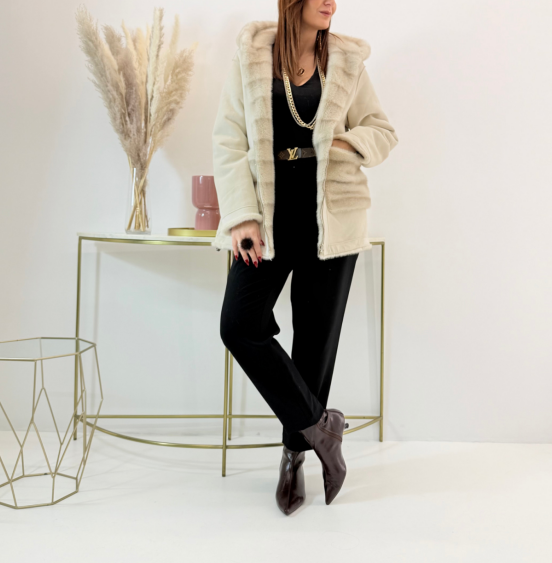 Reversible Mocha Suede & Dark Brown Faux Fur Coat (Hooded + Contrast Trim Detail)