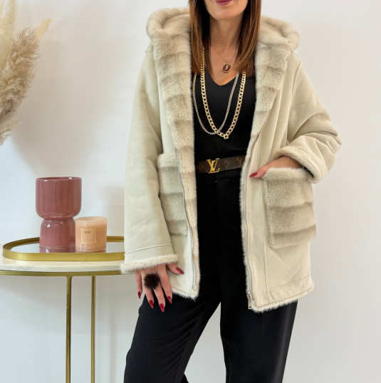 Olive Gray Puffer Coat with Oversized Black Faux Fur Hood & Contrast S