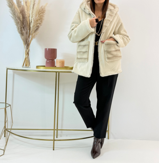 Reversible Mocha Suede & Dark Brown Faux Fur Coat (Hooded + Contrast Trim Detail)