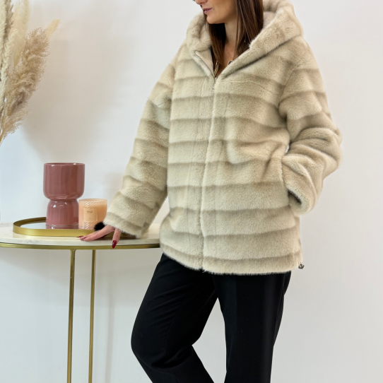 Reversible Mocha Suede & Dark Brown Faux Fur Coat (Hooded + Contrast Trim Detail)