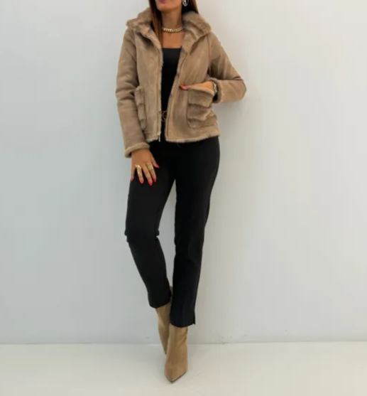 [Copy]Brown Faux Fur Hooded Coat with Belt