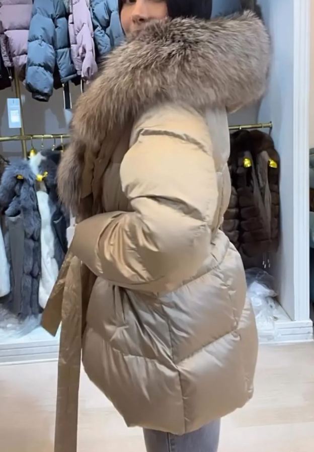 Beige Puffer Coat with Oversized Faux Fur Collar and Belt