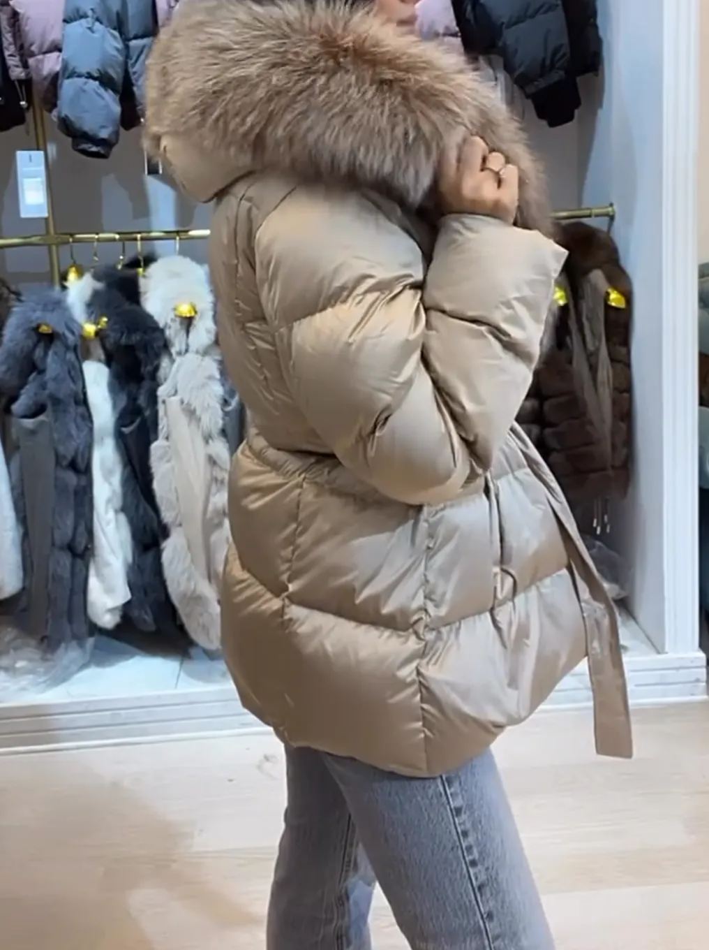Beige Puffer Coat with Oversized Faux Fur Collar and Belt