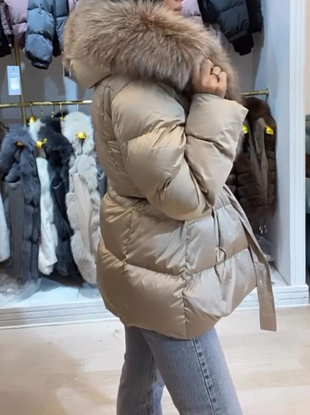 Beige Puffer Coat with Oversized Faux Fur Collar and Belt