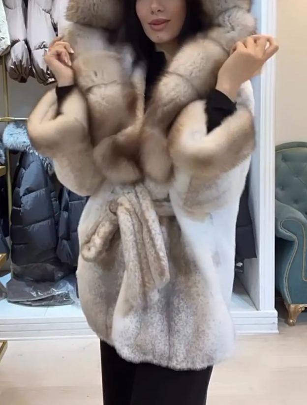 [Copy]Multicolor Patchwork Faux Fur Hooded Jacket