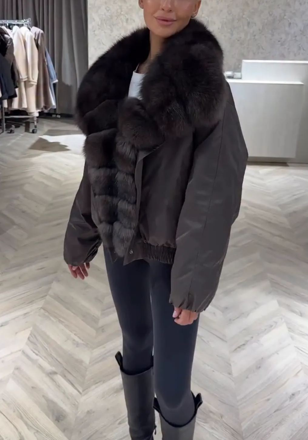 [Copy]Dark Brown Puffer Coat with Faux Fur Hood