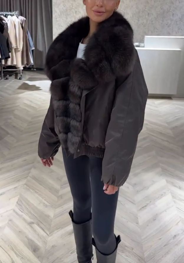 [Copy]Dark Brown Puffer Coat with Faux Fur Hood