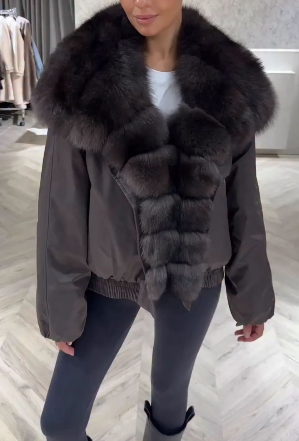 [Copy]Dark Brown Puffer Coat with Faux Fur Hood