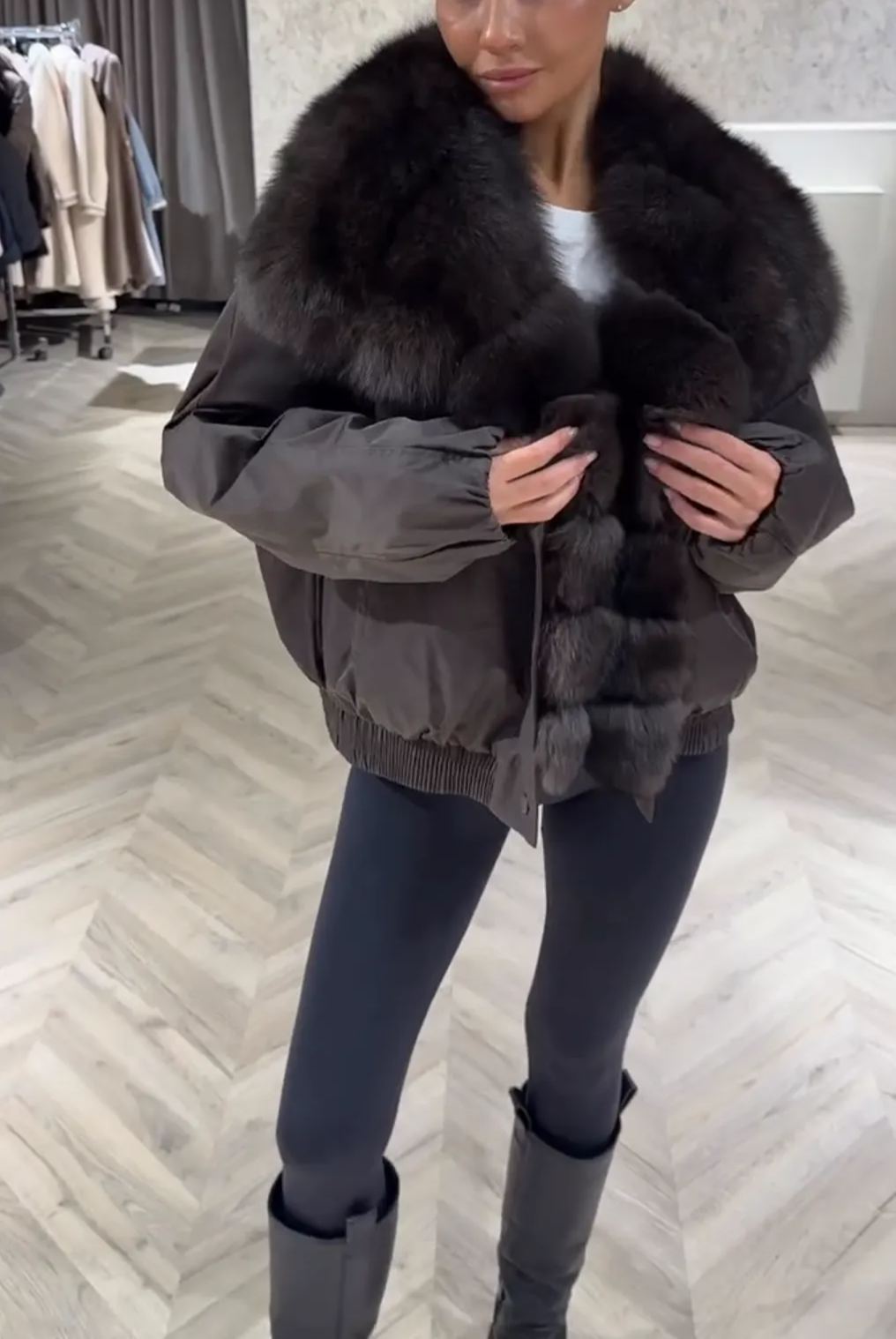 [Copy]Dark Brown Puffer Coat with Faux Fur Hood