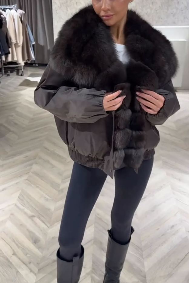 [Copy]Dark Brown Puffer Coat with Faux Fur Hood
