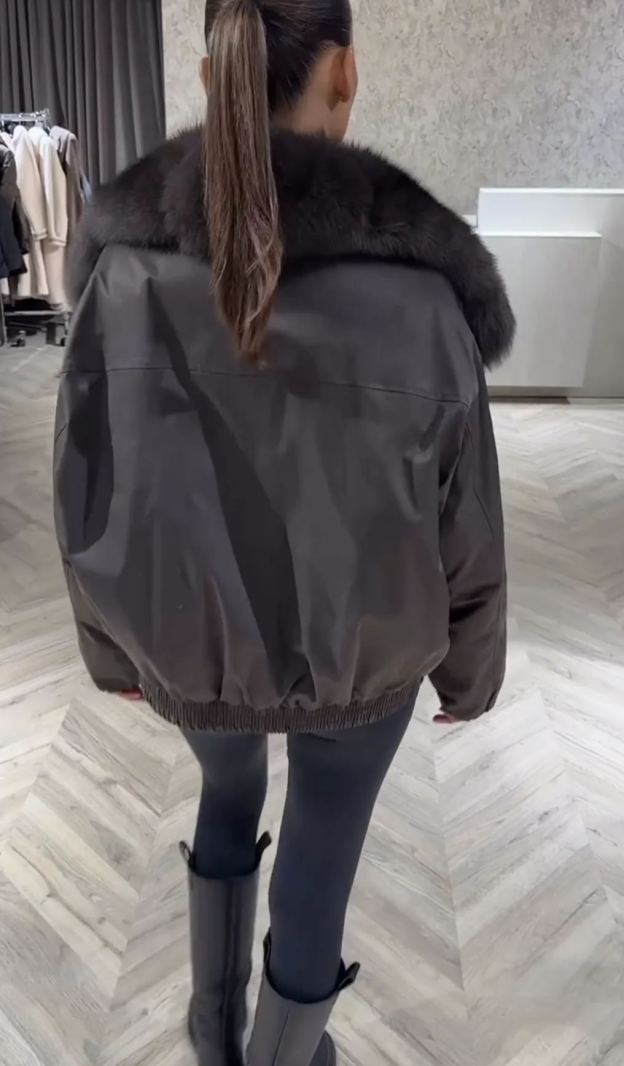 [Copy]Dark Brown Puffer Coat with Faux Fur Hood