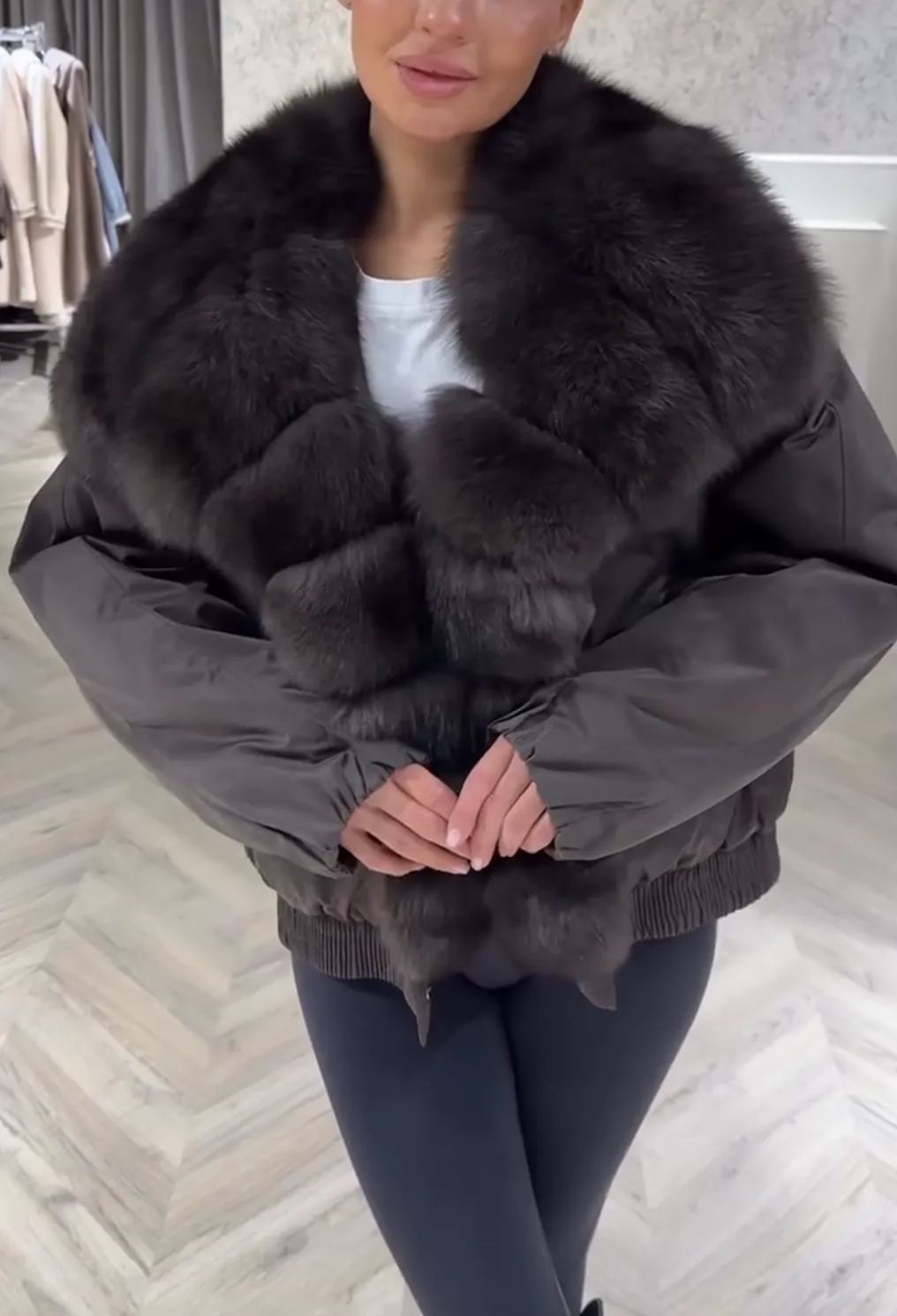 [Copy]Dark Brown Puffer Coat with Faux Fur Hood
