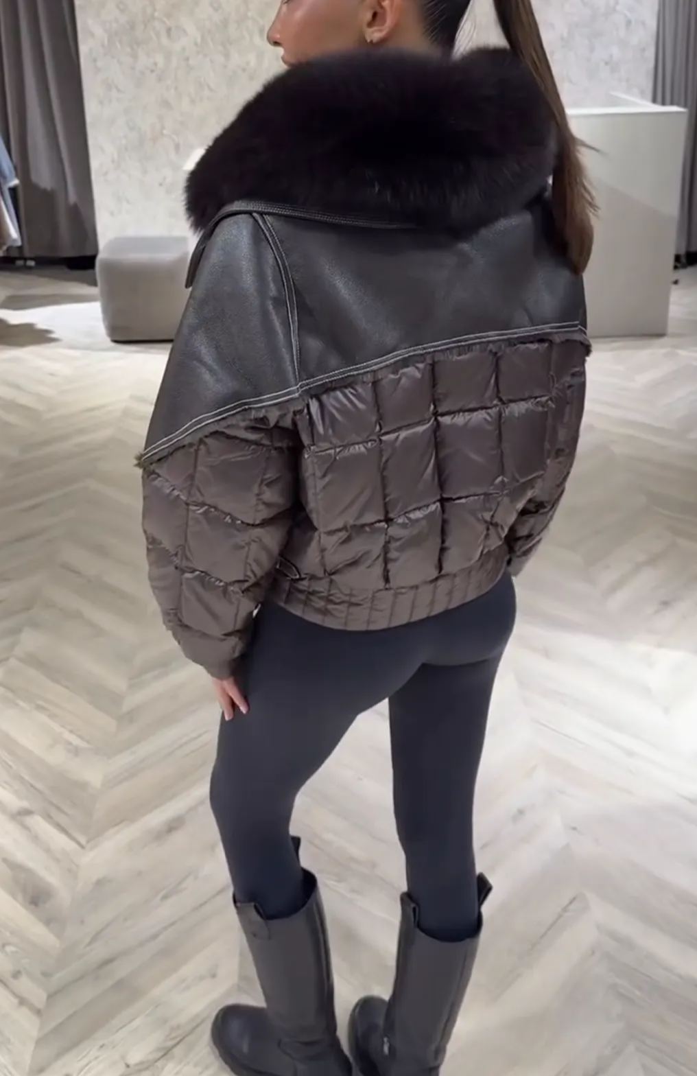 [Copy][Copy]Dark Grey Bomber Jacket with Large Faux Fur Collar