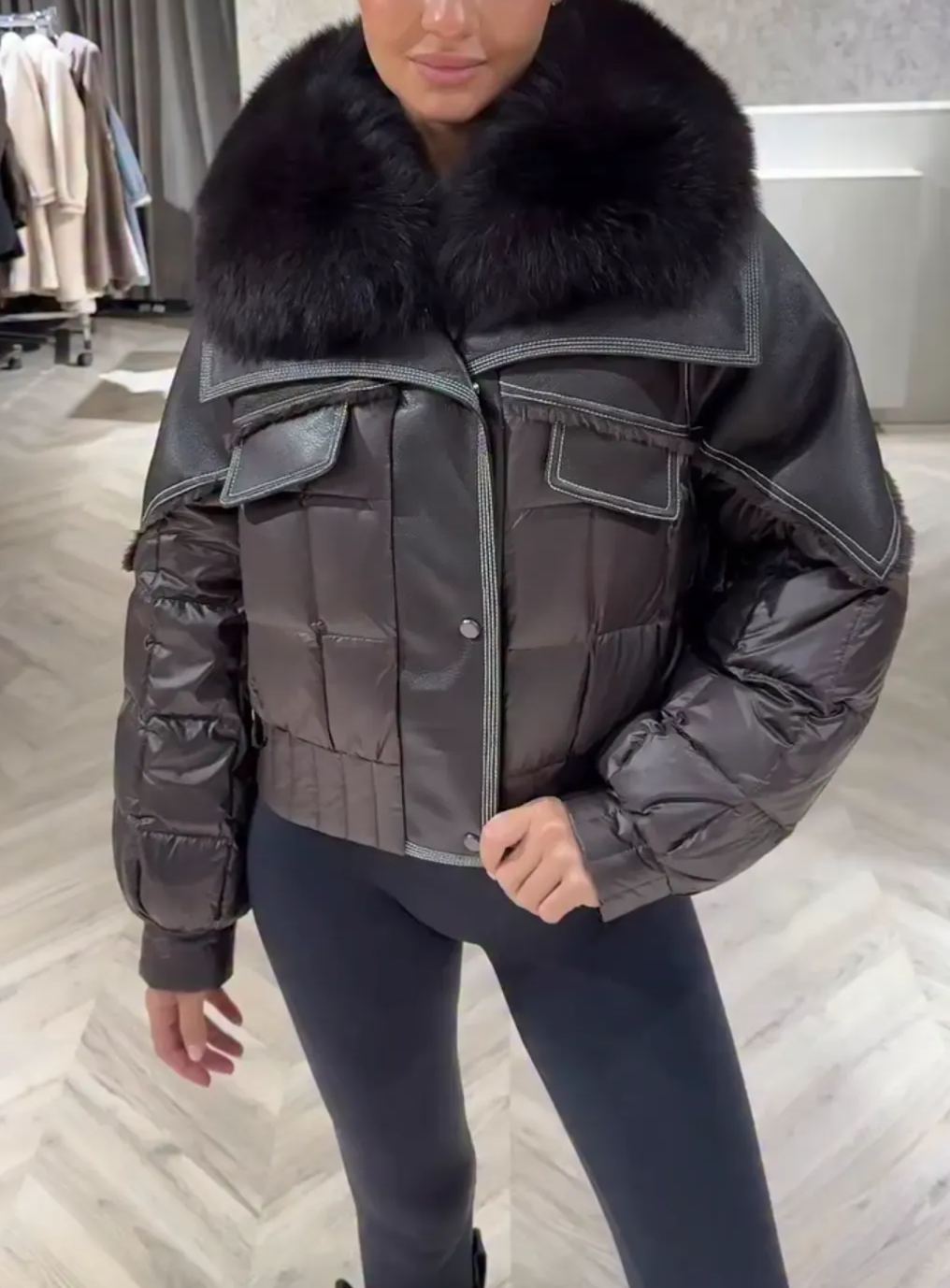 [Copy][Copy]Dark Grey Bomber Jacket with Large Faux Fur Collar