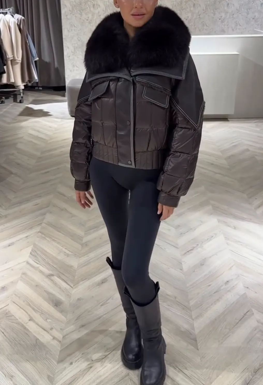 [Copy][Copy]Dark Grey Bomber Jacket with Large Faux Fur Collar