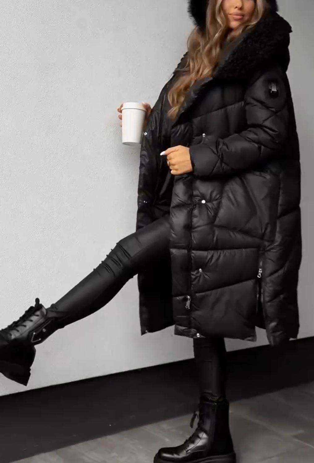 [Copy]Dark Grey Bomber Jacket with Large Faux Fur Collar