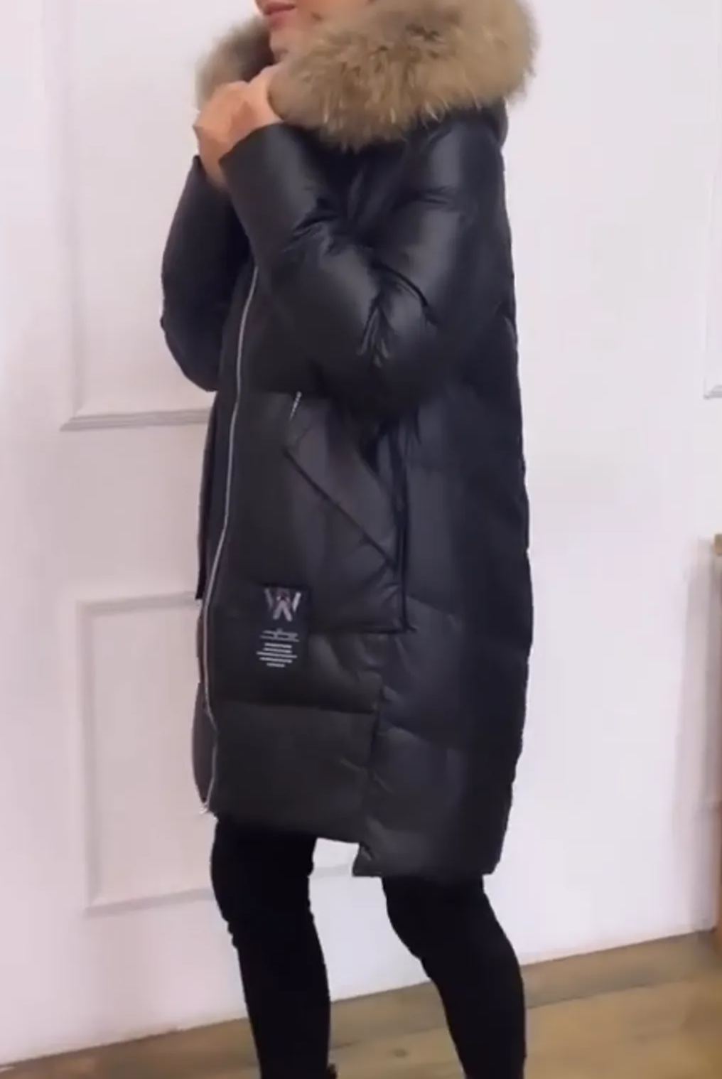 [Copy]Black Long Quilted Coat with Large Brown Faux Fur Hood