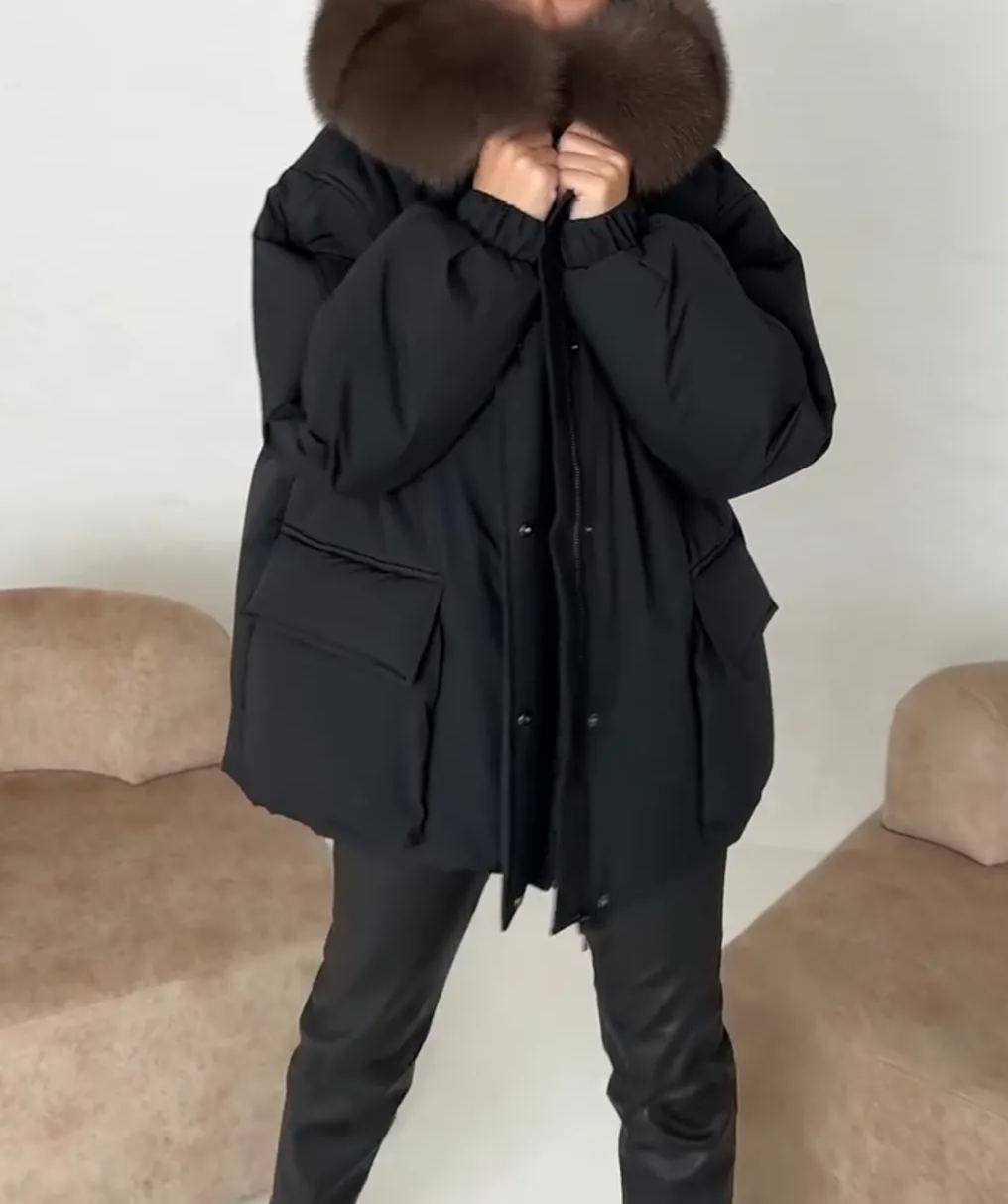 [Copy]Black Long Puffer Coat with Grey Faux Fur Collar and Belt