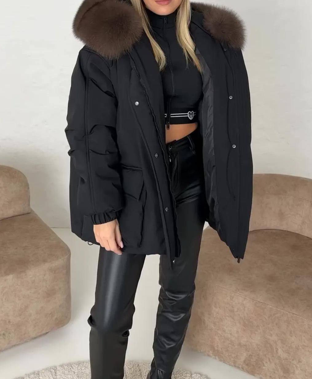 [Copy]Black Long Puffer Coat with Grey Faux Fur Collar and Belt