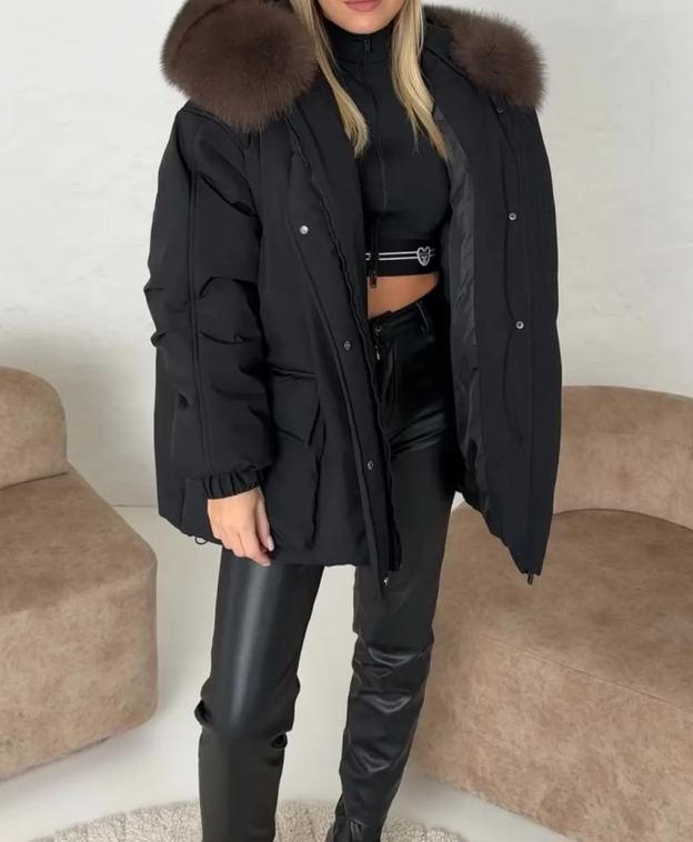 [Copy]Black Long Puffer Coat with Grey Faux Fur Collar and Belt