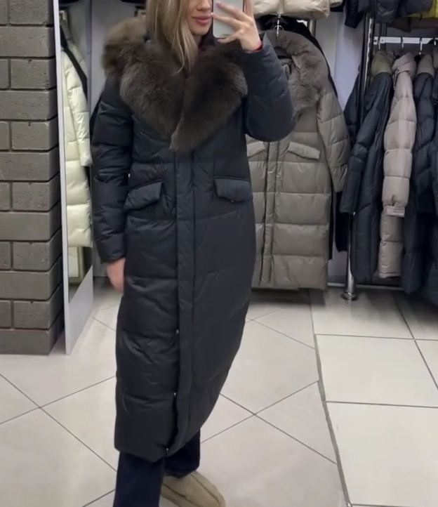 [Copy]White Long Puffer Coat with Grey Faux Fur Hood and Belt