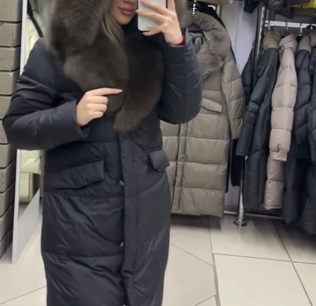 [Copy]White Long Puffer Coat with Grey Faux Fur Hood and Belt