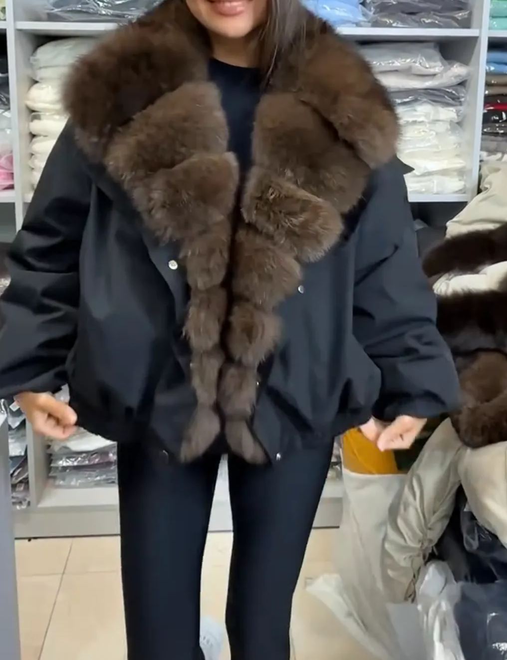 [Copy]Short Coat with Brown Faux Fur Collar and Lining