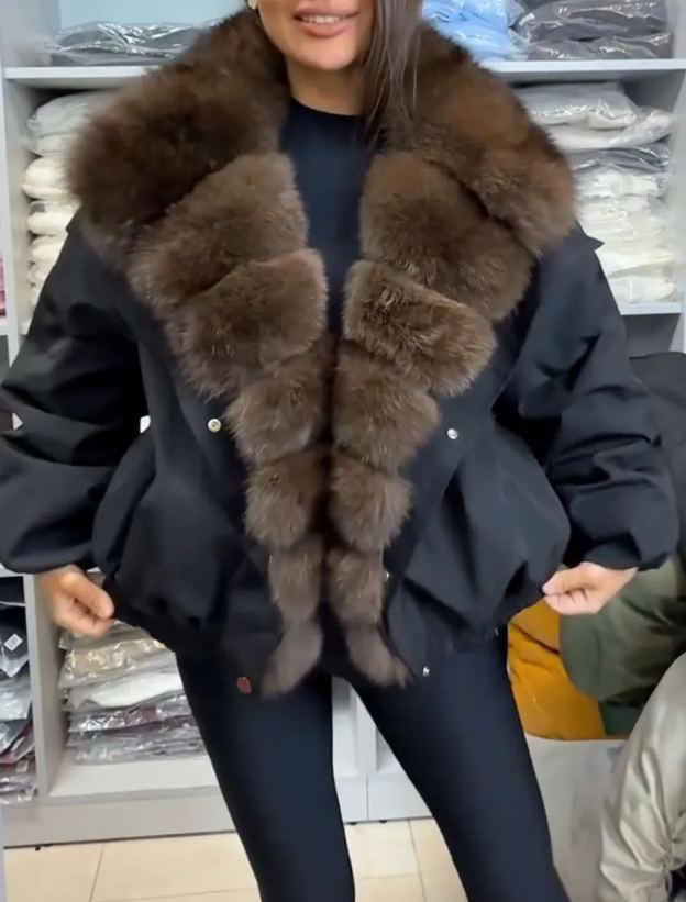 [Copy]Short Coat with Brown Faux Fur Collar and Lining