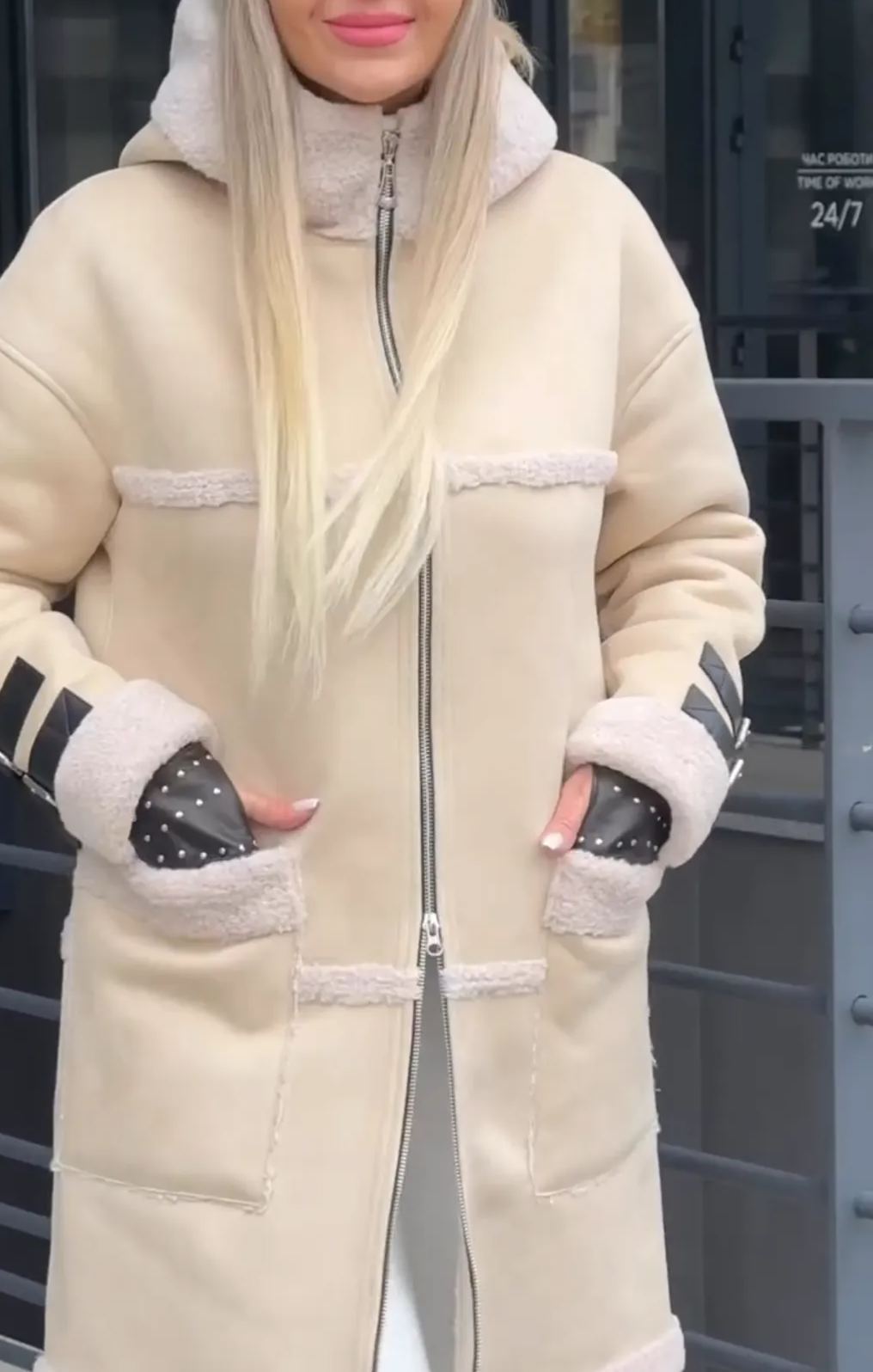 Beige Long Shearling Coat with Hood