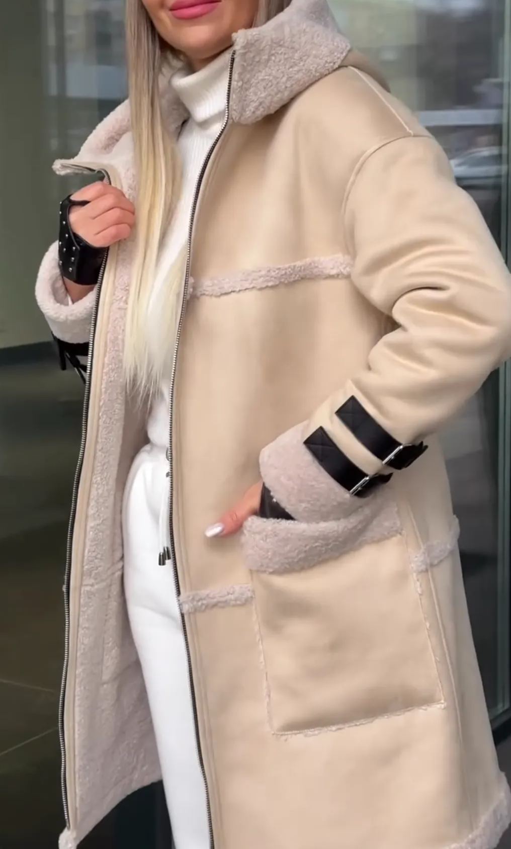 Beige Long Shearling Coat with Hood