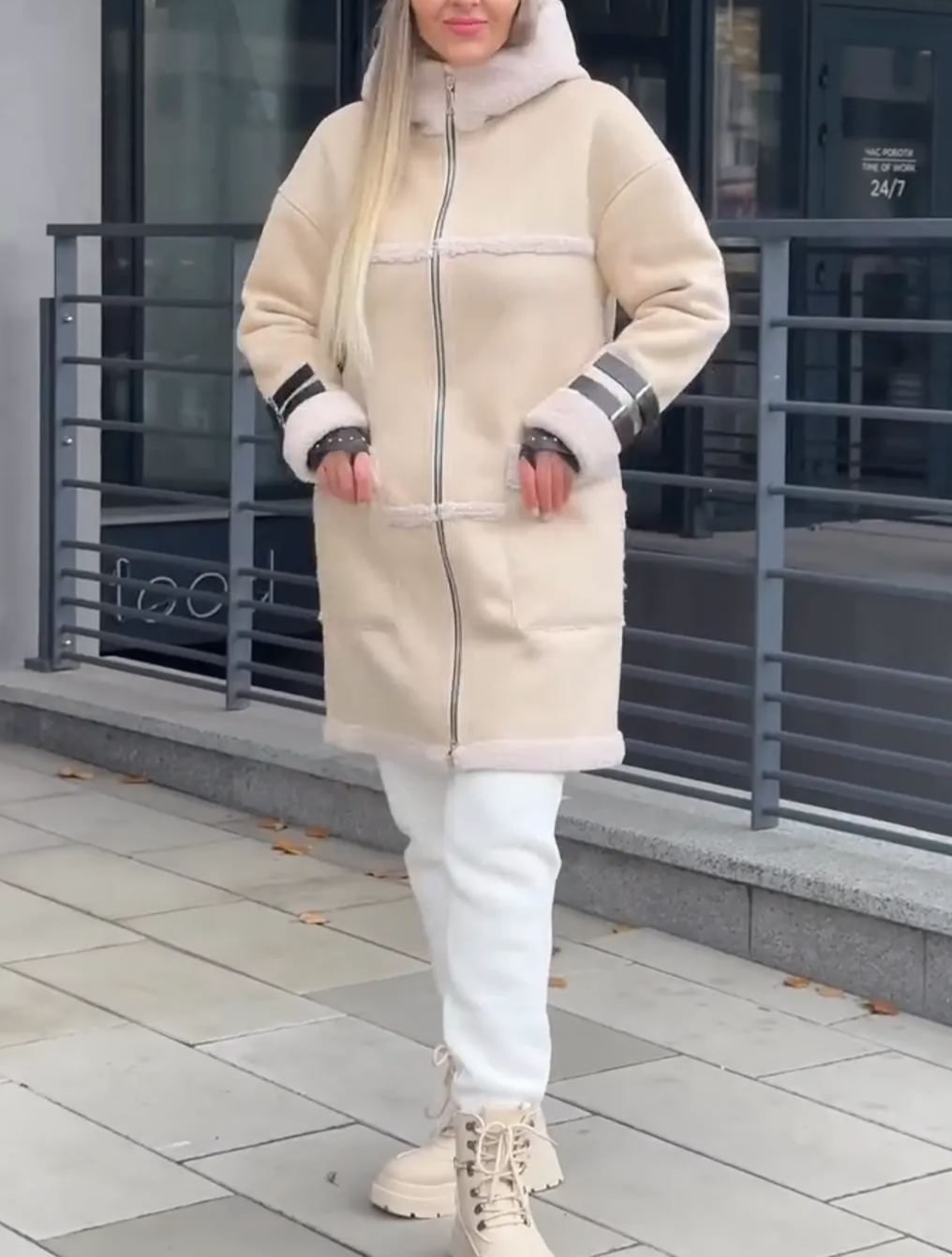 Beige Long Shearling Coat with Hood