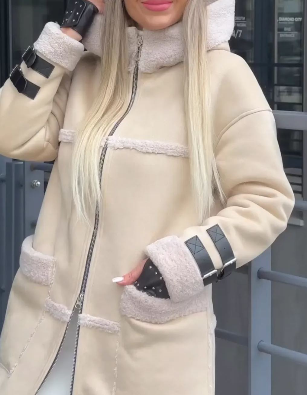 Beige Long Shearling Coat with Hood