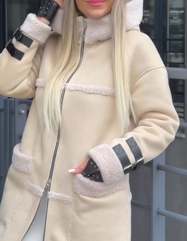 Beige Long Shearling Coat with Hood