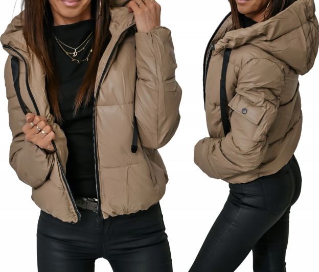 [Copy]Taupe Long Puffer Coat with Hood & Fashion Accent