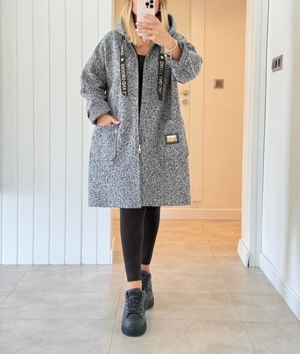 [Copy]Grey Marled Long Hooded Coat with Textured Design
