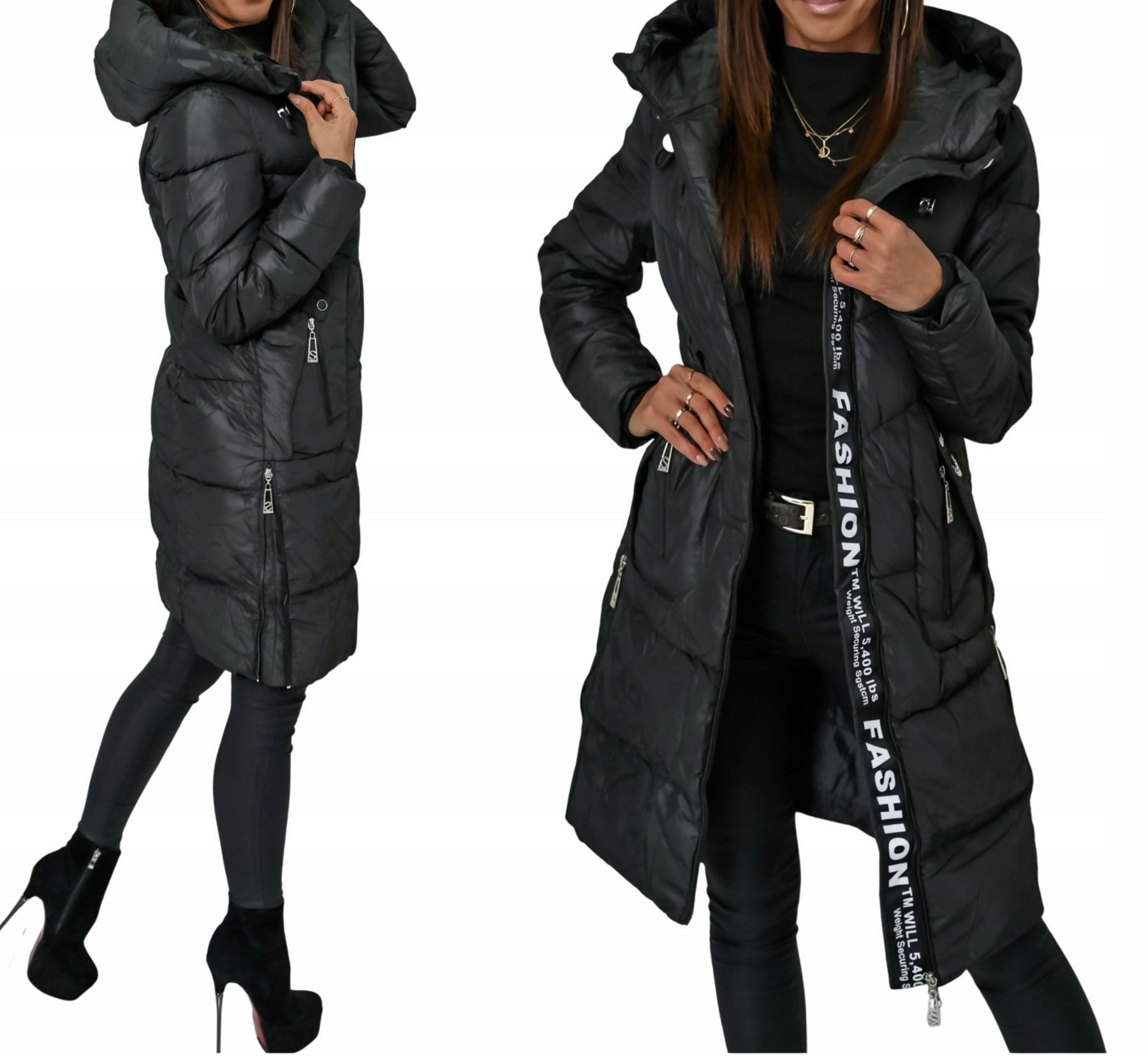 Taupe Long Puffer Coat with Hood & Fashion Accent