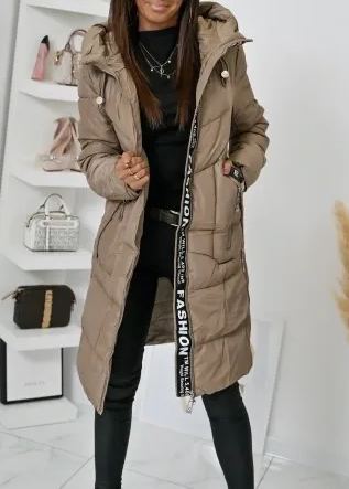 Taupe Long Puffer Coat with Hood & Fashion Accent