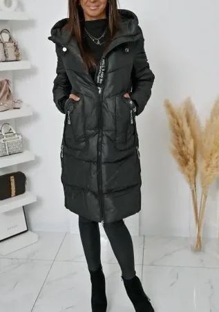 Taupe Long Puffer Coat with Hood & Fashion Accent