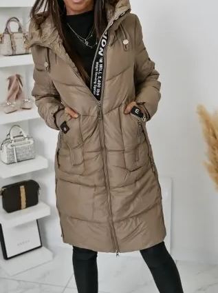 Taupe Long Puffer Coat with Hood & Fashion Accent