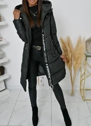 Taupe Long Puffer Coat with Hood & Fashion Accent