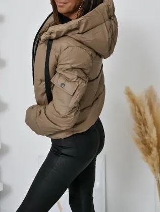 Taupe Short Puffer Jacket with Hood