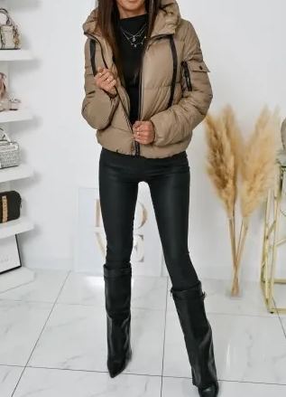 Taupe Short Puffer Jacket with Hood