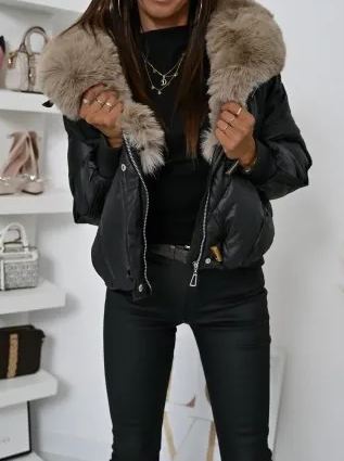 Short Puffer Jacket with Taupe Faux Fur Collar